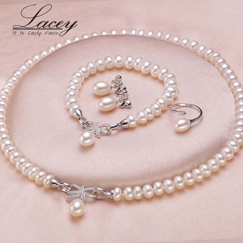 De mariage perle d'eau douce ensemble de bijoux pour les femmes, véritable naturel perle collier bijoux définit mère anniversaire cadeaux blanc ► Photo 1/1