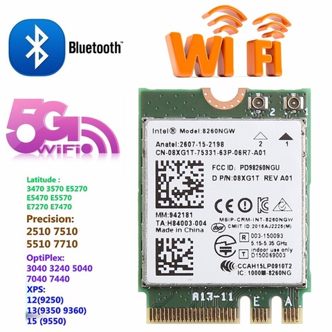Module carte Wifi double bande 2.4 + 5GHZ, avec Bluetooth, 867M, WLAN, M.2, pour Intel 8260 AC DELL, 8260NGW DP/N 08XJ1T ► Photo 1/6