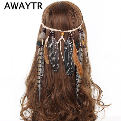 Indien plume bandeau AWAYTR cheveux accessoires 2022 Festival femmes Hippie réglable coiffe Boho paon plume bande de cheveux ► Photo 1/6