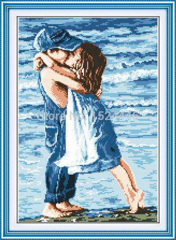 Amoureux sur le bord de mer, kit de broderie sur toile 11CT imprimé sur le point de croix, Set de couture, baiser pour fille et garçon ► Photo 1/6