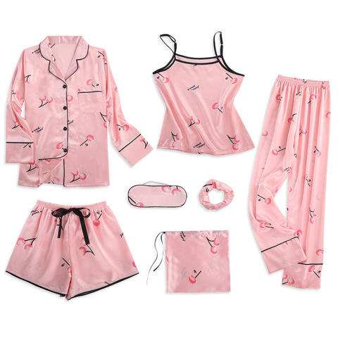 Ensemble pyjama 7 pièces, Lingerie de nuit en soie satinée rose, ensemble de vêtements de nuit pour femme ► Photo 1/6