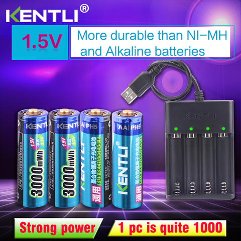 4 pièces KENTLI AA 1.5 V 3000mWh polymère au lithium batteries rechargeables li-ion batterie + 4 slots USB chargeur de batterie li-ion ► Photo 1/6