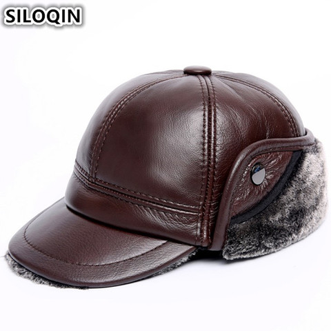 SILOQIN-chapeau en cuir véritable | Chapeaux épais en velours pour hommes, couvre-oreilles en cuir de vache pour hommes, nouvelles marques de papa ► Photo 1/1