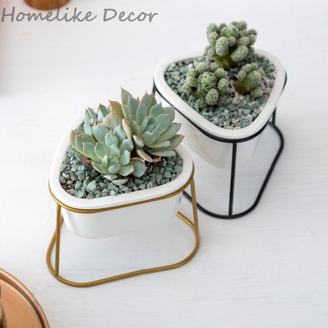 Pots de fleurs en céramique triangulaire, avec supports en fer, jardinières en porcelaine pour plantes succulentes, décoration de Table pour la maison et le bureau, lot de 2 ► Photo 1/1