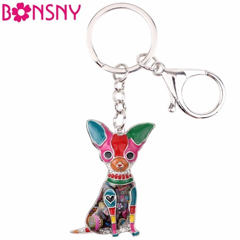 Bonsny émail alliage assis Chihuahuas chien porte-clés porte-clés anneaux cadeaux pour femmes filles sac voiture pendentif mode Animal bijoux ► Photo 1/6