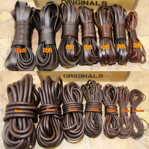 2M rétro marron véritable cuir véritable cordon rond plat corde corde pour collier à faire soi-même Bracelet bijoux cordon 1.5mm 2mm 3 4 5 6 8 10mm ► Photo 1/5