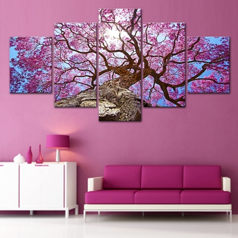 Peinture imprimée sur toile avec paysage de cerisier rose, 5 pièces, décor artistique moderne pour la maison ► Photo 1/6