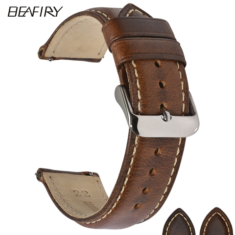 BEAFIRY-bracelet de montre en cuir tanné à l'huile, 22mm, 20mm, 18mm, libération rapide, sangle bracelet de montre marron, pour hommes et femmes, compatible avec Fossil ► Photo 1/6