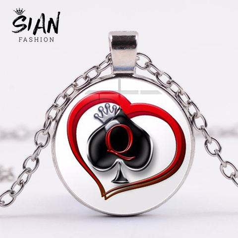 SIAN – collier de Poker Secret marqué, en verre avec impression de cœurs de pique Q Queen, Cabochon effet 3D, pendentif, vente en gros, bijoux, nouvelle collection ► Photo 1/5