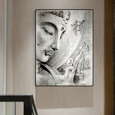 Statue de bouddha religieux en noir et blanc abstrait, peinture sur toile, affiches et imprimés scandinave, tableau d'art mural pour salon ► Photo 1/6
