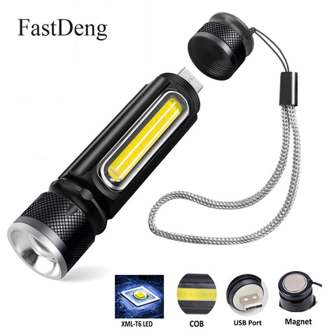 Lampe de poche LED multifonctionnelle, Rechargeable par USB, batterie puissante T6, torche latérale COB, Design, lampe de poche, aimant arrière, lampe de travail ► Photo 1/6