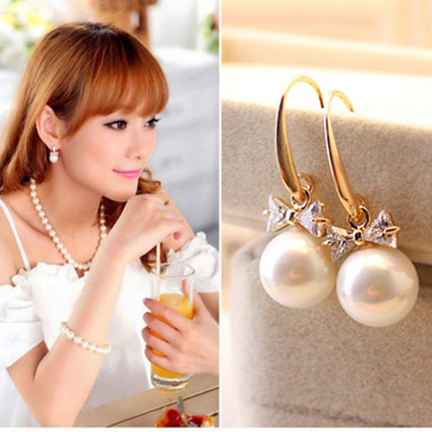 Boucles d'oreilles en zircon, bijoux fantaisie, haute qualité, pendentif en strass, imitation de perles, nœud, vente en gros ► Photo 1/3
