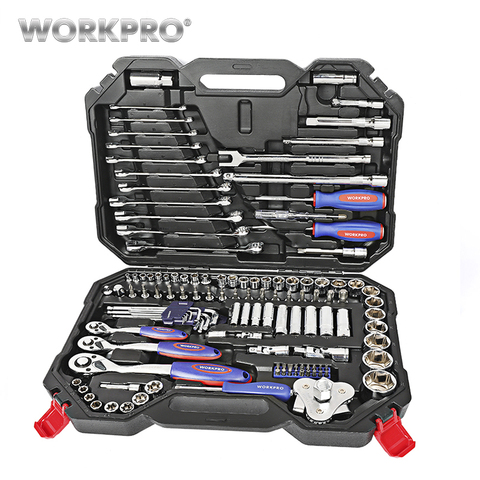 WORKPRO – kit d'outils pour la réparation automobile, 123 pièces, jeu de douilles, clés à cliquet, 1/4 