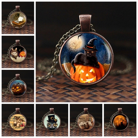 Collier pendentif citrouille et chat en verre, Cabochon, pendentif Halloween, bijoux artisanaux, 2022 ► Photo 1/6