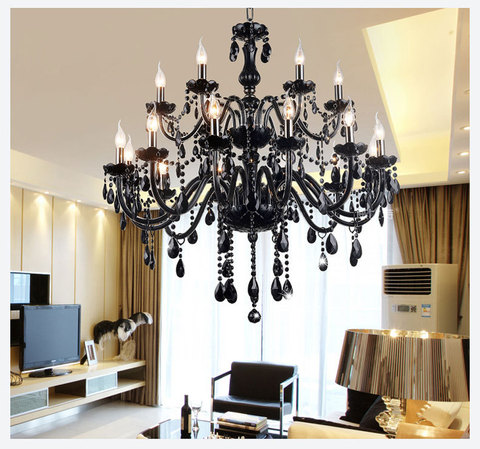 Plafonnier au design luxueux avec bras en cristal noir, composé de 18, 15, 10 ou 8/6 lampes, idéal pour un salon ► Photo 1/1