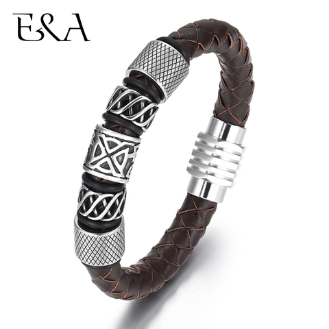 Bracelet en cuir tissé marron/noir pour hommes, avec perles Viking en acier inoxydable 316L, fermoir magnétique tressé, bijoux tendance ► Photo 1/6