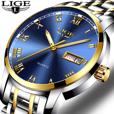 LIGE – montre de luxe pour hommes, en acier inoxydable doré, horloge à Quartz, sport, étanche ► Photo 1/6