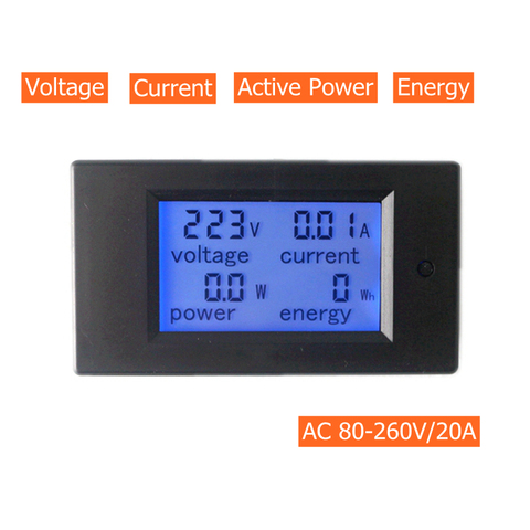Nouveau compteur d'énergie de courant de tension AC 80-260V/20A voltmètre ampèremètre avec rétro-éclairage bleu fonction d'alarme de surcharge pour intérieur ► Photo 1/6