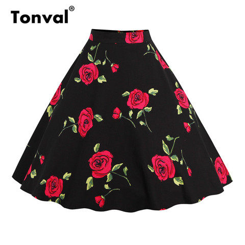 Tonval Floral Vintage Plus La Taille Swing Jupe Rétro Fleurs Imprimer Midi Jupes Femmes Taille Haute Coton Une Ligne Jupe ► Photo 1/6