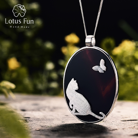 Lotus Fun-pendentif en argent Sterling 925, en Agate naturelle, fait à la main, bijoux fins, chat et papillon, sans chaîne, pour femmes ► Photo 1/6