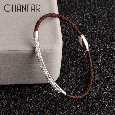 Chanfar-Bracelet en cuir véritable en acier inoxydable, avec fermoir magnétique enroulé avec strass, bijoux pour femmes et hommes ► Photo 1/6