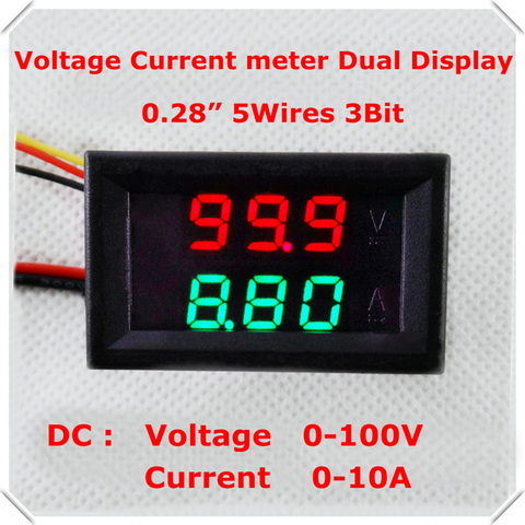 Compteur de courant numérique RD DC 0-100V/10A, affichage LED couleur rouge + vert 0.28, ampèremètre, voltmètre, 5 fils, 3 bits, tension de voiture, [4 pièces/lot] ► Photo 1/6