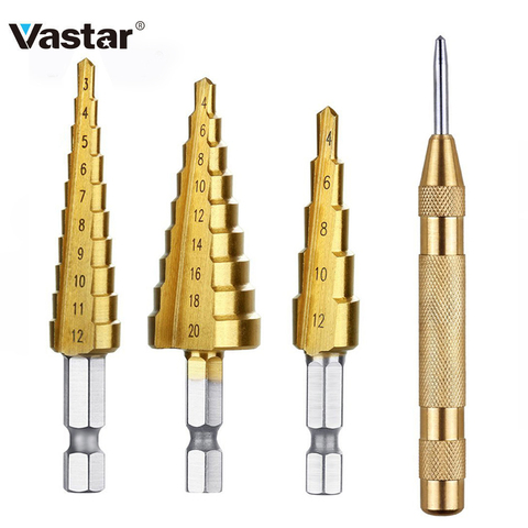 Vastar HSS Acier Titane foret étagé Peu 3-12mm 4-12mm 4-20mm Étape Cône cutt Outils Métal jeu de forets pour le Travail Du Bois Bois ► Photo 1/6