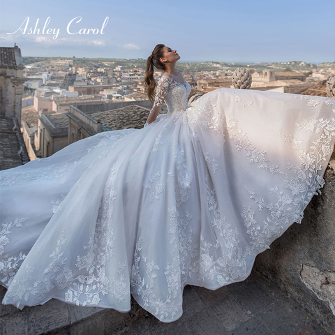 Ashley Carol robe De mariée à manches longues 2022 a-ligne perlée Appliques à lacets Sexy col en v princesse robes De mariée Vestido De Novia ► Photo 1/6