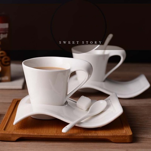 Ensemble de cuillères soucoupe à café 180ml | Tasse et soucoupe à café en céramique Sea Wave 3D ► Photo 1/3