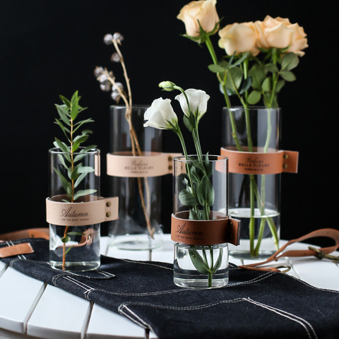 Vase à fleurs en verre créatif, Vase de table à plantes hydroponique avec poignée en cuir, tasse d'eau, accessoires de décoration pour la maison ► Photo 1/6