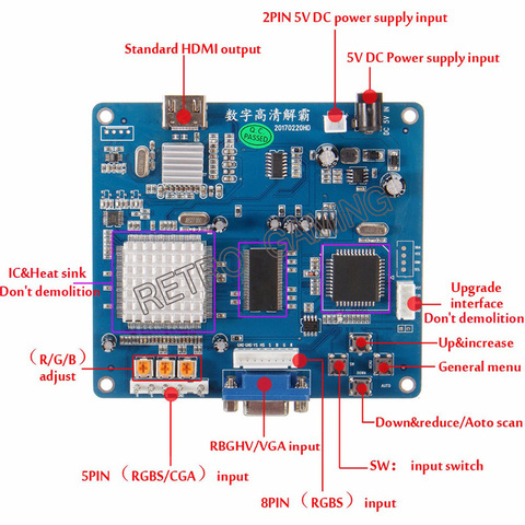 Nouveauté CGA à HDMI convertisseur RGBS / CGA / EGA à HDMI carte de conversion PCB pour HD LCD moniteur arcade jeu armoire machine ► Photo 1/2