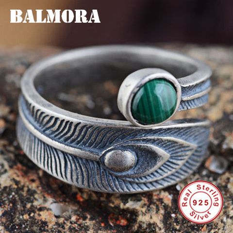 BALMORA réel 925 argent Sterling rétro Malachite plume ouvert empilage anneaux pour femmes hommes Couple Punk & élégant mode Bijoux ► Photo 1/6