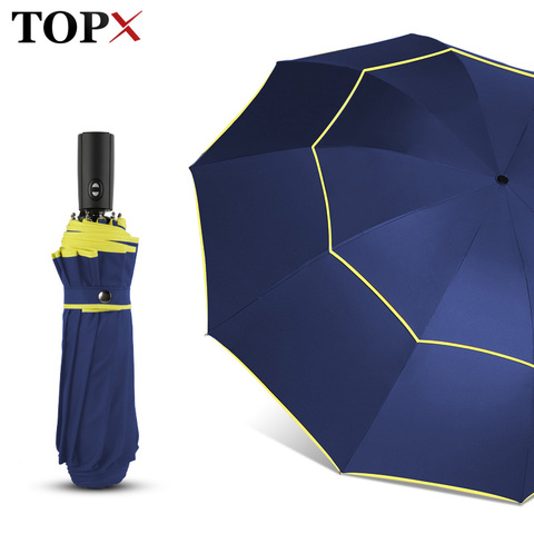 Parapluie Double entièrement automatique pour hommes et femmes, grand format, avec 3 plis, résistant au vent, support pour les voyages et le travail, 120CM ► Photo 1/6