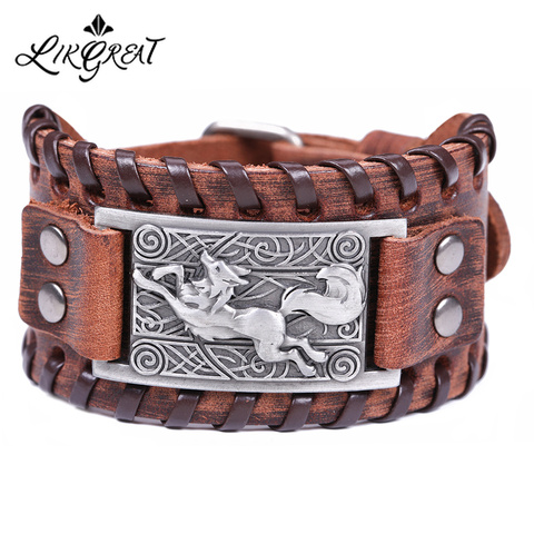 LIKGREAT-Bracelet Viking en cuir véritable, Bracelet nordique herald, noir, brun, large tresse, bijoux Talisman, amulette ► Photo 1/6