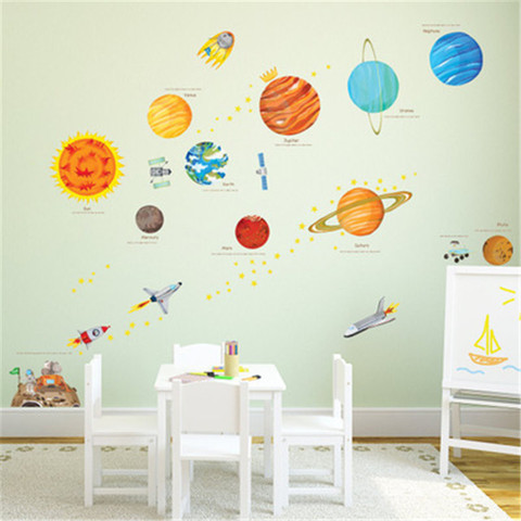 Bande dessinée système solaire Stickers muraux pour enfants chambres décor à la maison espace extérieur planètes Stickers muraux garçon bébé chambre autocollants décoratifs ► Photo 1/5