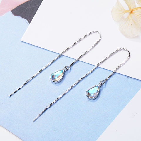 Boucles d'oreilles en argent Sterling 925 pour femmes, bijoux de fête, en pierre de lune, goutte d'eau, longues pampilles, chaîne d'oreille ► Photo 1/6