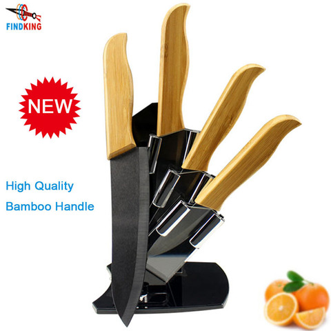 FINDKING couteaux en céramique tranchants | Manche en bambou, ensemble de couteaux en céramique à lame noire, 3 