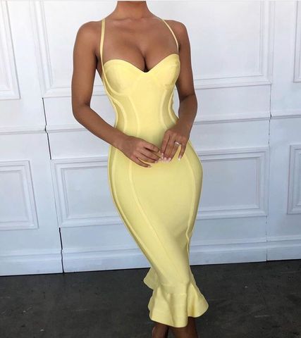 Robe de soirée élégante, tenue de haute qualité, rose, jaune, longueur genoux, robe en rayonne à Bandage ► Photo 1/5