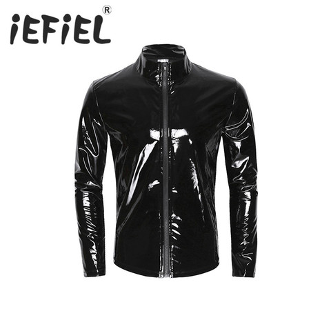 IEFiEL Manches Longues En Cuir Verni Hommes Métallique Brillant Avant-Zip Col montant Tops Wet Look Discothèque Style Chemise Partie Costumes ► Photo 1/6