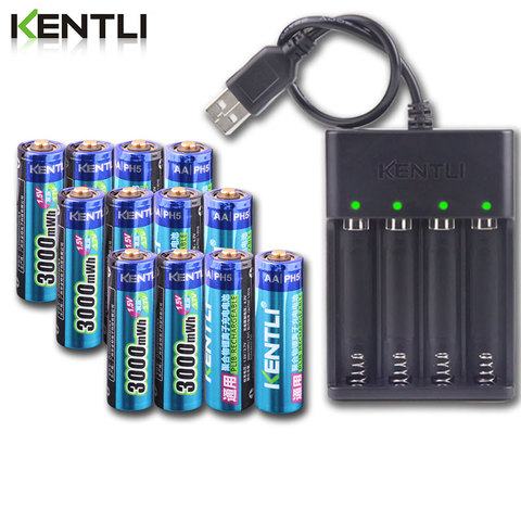 Batterie rechargeable au lithium-ion KENTLI AA 1.5V 3000mWh + chargeur de batteries au lithium-ion polymère 4 canaux ► Photo 1/6