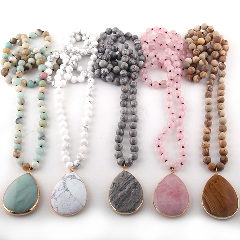 Collier en perles pour femmes, pendentif tendance, bijou bohème en pierre naturelle noué, pendentif goutte assorti ► Photo 1/5