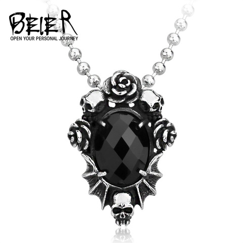 Beier nouveau magasin en acier inoxydable 316L collier pendentif rose fleur crâne avec grand noir zircon bijoux LLBP8-123P ► Photo 1/4