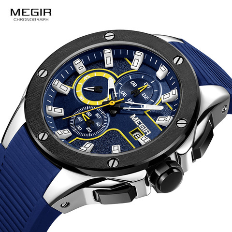 Megir Hommes Chronographe Sport Rond Quartz Analogique Montres Dateur Bracelet En Silicone Bracelet 2053g Bleu Noir ► Photo 1/6