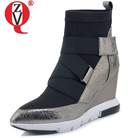 ZVQ 2022 nouvelles couleurs mélangées en cuir véritable femmes chaussures bout pointu Super haute compensées plate-forme crochet et boucle hiver bottines ► Photo 1/6