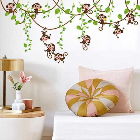 Autocollants muraux mini singes en vinyle, jolis animaux avec des plantes, décoration murale pour la chambre d'enfants, filles et garçons ► Photo 1/6