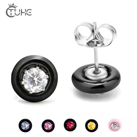 Boucles d'oreilles de mariage de mode noir blanc rose en céramique avec cristal coloré grand Carat AAA santé céramique ronde zircone boucle d'oreille ► Photo 1/6