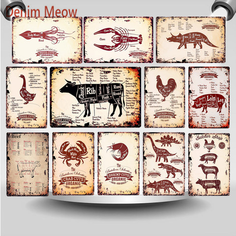 Guide de découpes viande de porc, viande, signe Vintage en métal plaques de coupe Triceratops, décor de cuisine de boucher WY71 ► Photo 1/6