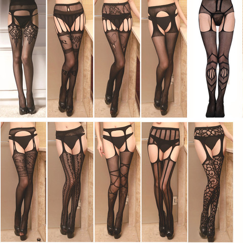 2022 Évider Collants Dentelle Sexy Bas Femelle Cuissardes Résille Broderie Transparent Collants Femmes Noir Dentelle Lingerie ► Photo 1/6