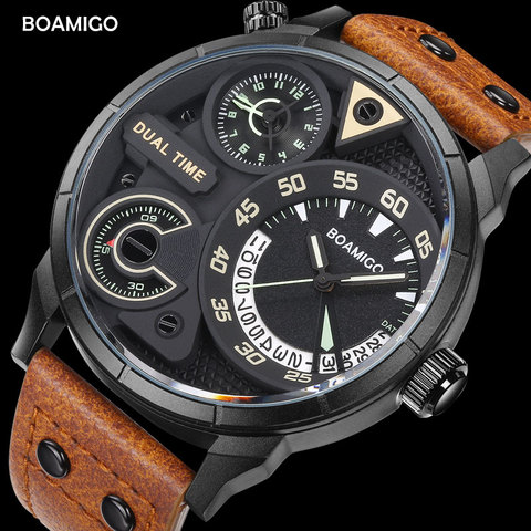 BOAMIGO-montre-bracelet de sport pour hommes, de marque double temps, bracelet en cuir, étanche ► Photo 1/6