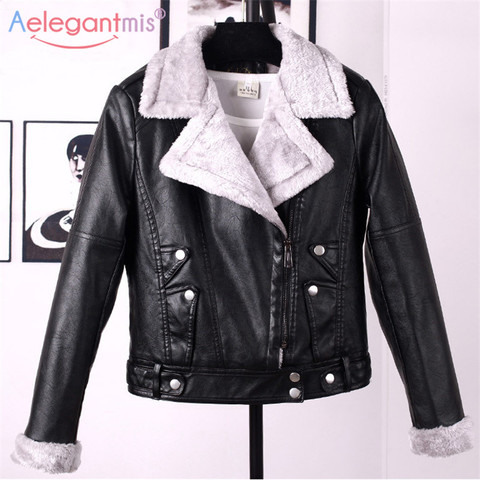 Aelegantmis Automne Hiver Veste En Cuir Femmes Faux Manteau De Fourrure Dames Slim Court Moto Biker Veste De Base Chaud En Peluche Survêtement ► Photo 1/6